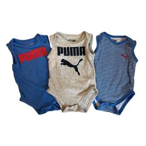 Puma Baby Boys 3-6M Bodysuits 3 Pack‎ Blue Gray Striped Sleeveless Snap